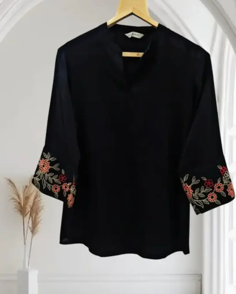 Embroidered V-Neck Short Kurti - Black